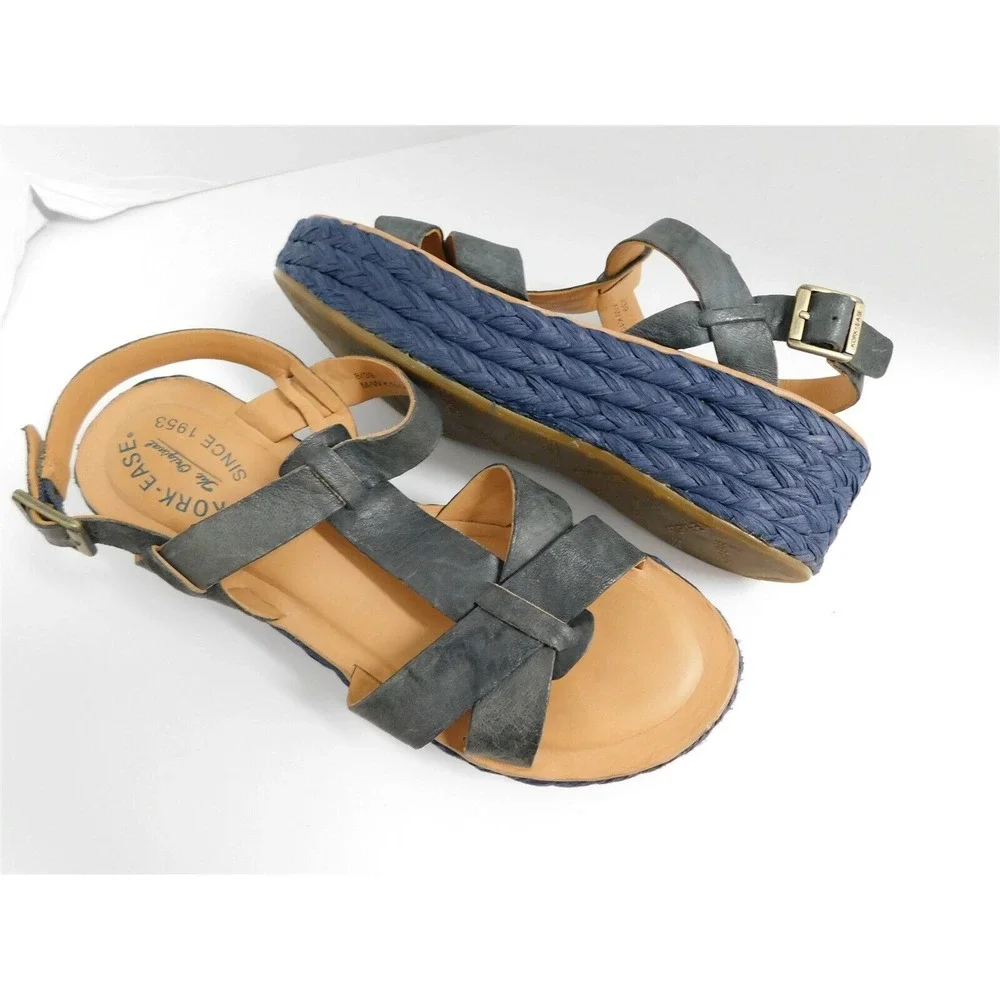 Kork-Ease Blue Leather Straw Espadrille Platform Wedge Heel 39‎